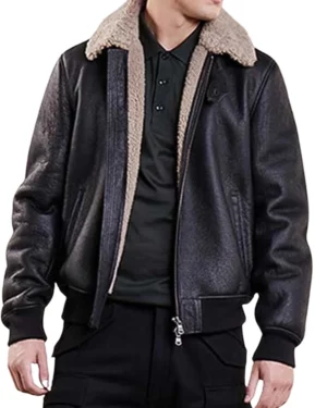 Ace Squadron Black Leather Bomber Jacket