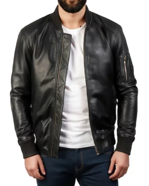 Men's black leather bomber jacket unzipped, worn over a casual white tee, emphasizing versatility, layering potential, and laid-back urban style