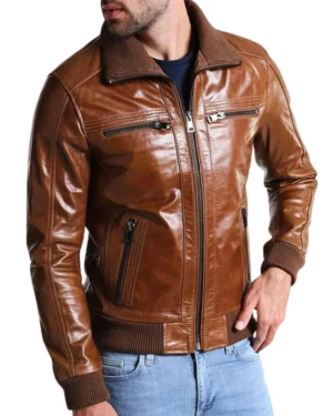 Dusk Brown Leather Bomber Jacket for Mens
