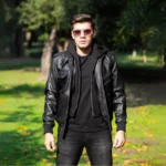 Raptor Black Hooded Leather Bomber Jacket