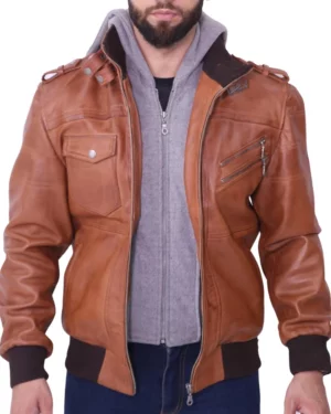 Raptor Brown & Gray Hooded Leather Bomber Jacket