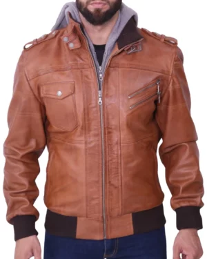 Raptor Brown & Gray Hooded Leather Bomber Jacket