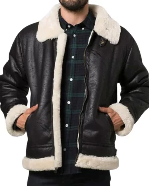 Raven Black Aviator Shearling Jacket for Mens