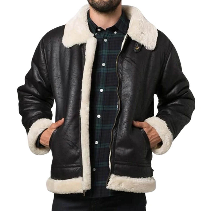 Raven Black Aviator Shearling Jacket for Mens