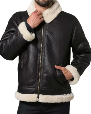 Raven Black Aviator Shearling Jacket for Mens