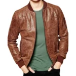 Retro Rustic Brown Leather Bomber Jacket