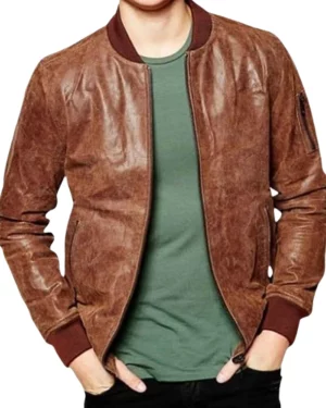 Retro Rustic Brown Leather Bomber Jacket