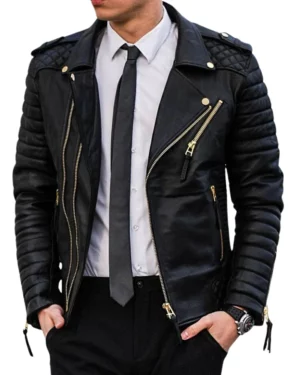 Quilted Black Biker Leather Jacket for Mens