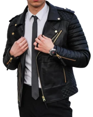 Quilted Black Biker Leather Jacket for Mens