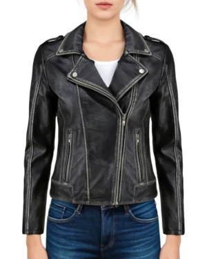 Front view of women's black leather biker jacket with asymmetrical zip and lapel collar