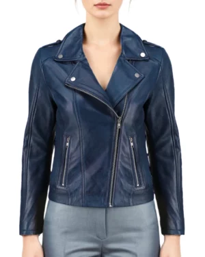 Front view of women's blue leather biker jacket with asymmetrical zip and Lapel collar