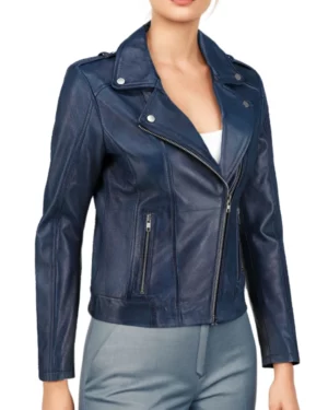 Left side profile of women's fitted blue leather moto jacket with zip pockets and shoulder epaulettes