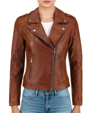 Front view of women's brown leather biker jacket with asymmetrical zip and lapel collar