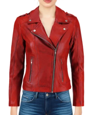 Front view of women's red leather biker jacket with asymmetrical zip and lapel collar