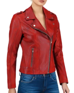 Left side profile of women's fitted red leather moto jacket with zip pockets and shoulder epaulettes
