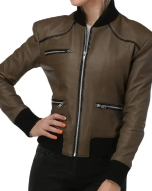 Enigma Army Green Leather Bomber Jacket