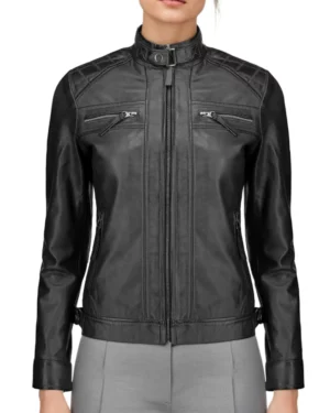 Women’s black leather biker jacket – front view showcasing slim fit, zip-up closure, and quilted shoulder details for a sleek moto look.