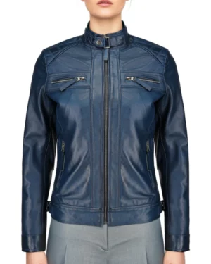 Women’s blue leather biker jacket – front view showcasing slim fit, zip-up closure, and quilted shoulder details for a sleek moto look.