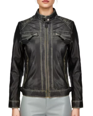 Women’s distressed black leather biker jacket – front view showcasing slim fit, zip-up closure, and quilted shoulder details for a sleek moto look.