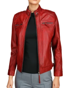 Unzipped womens red leather motorcycle jacket styled open, revealing the relaxed fit versatility