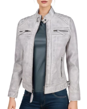 Unzipped womens white leather motorcycle jacket styled open, revealing the relaxed fit versatility