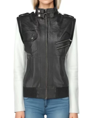 front perspective of women’s hooded leather moto jacket highlighting removable sleeves and contour stitching