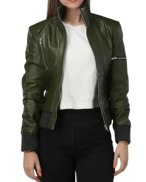 Madison Green Leather Bomber Jacket