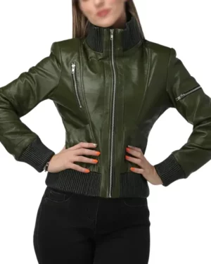 Madison Green Leather Bomber Jacket