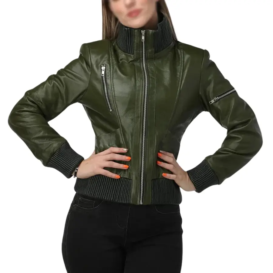 Madison Green Leather Bomber Jacket