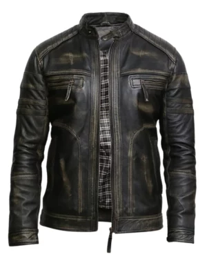 Orion Distressed Black Leather Biker Jacket For Mens