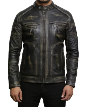 Orion Distressed Black Leather Biker Jacket For Mens