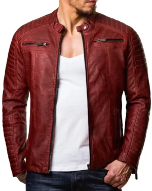 Orion Distressed Burgundy Leather Biker Jacket for Mens