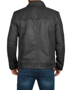 Men’s black leather jacket rear view — tailored back seams and waistband design for a refined casual look