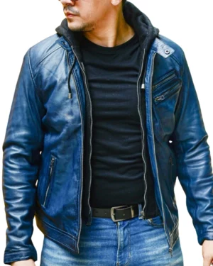 Derrick Vintage Blue Hooded Leather Bomber Jacket