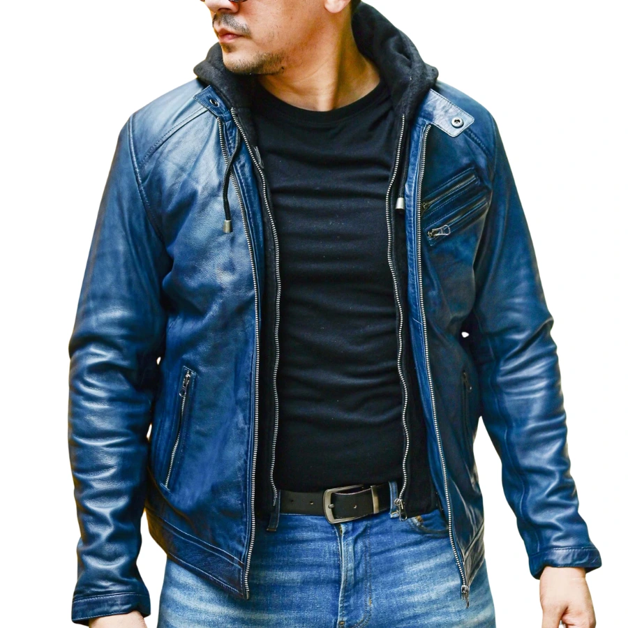Derrick Vintage Blue Hooded Leather Bomber Jacket