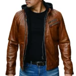 Derrick Distressed Tan Hooded Leather Bomber Jacket