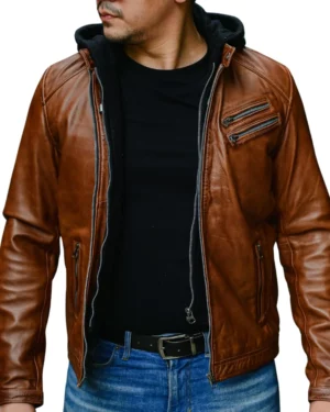 Derrick Distressed Tan Hooded Leather Bomber Jacket