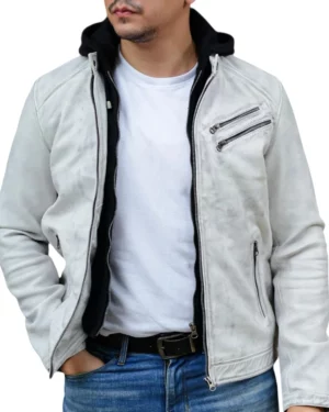 Derrick Distressed White Hooded Leather Bomber Jacket