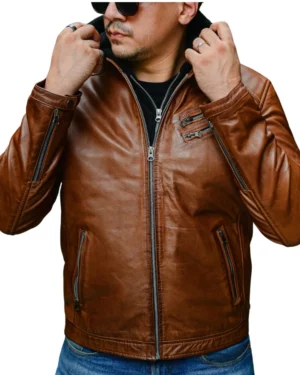 Derrick Distressed Tan Hooded Leather Bomber Jacket