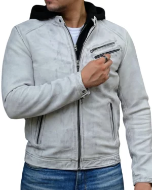 Derrick Distressed White Hooded Leather Bomber Jacket