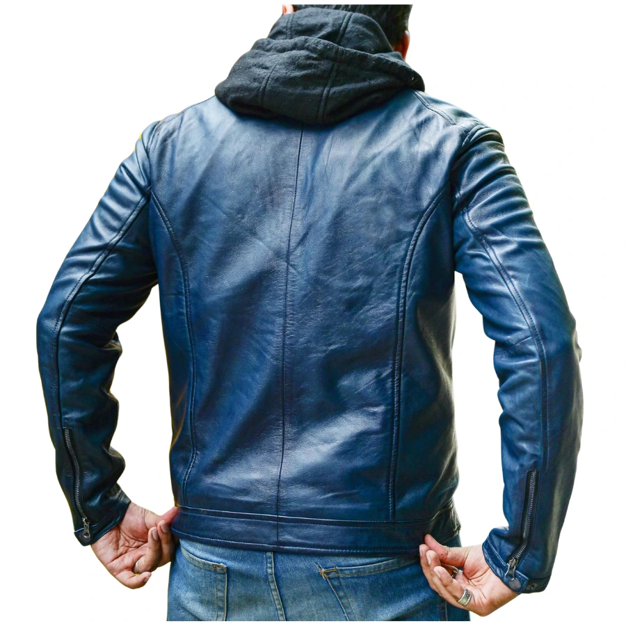 Derrick Vintage Blue Hooded Leather Bomber Jacket