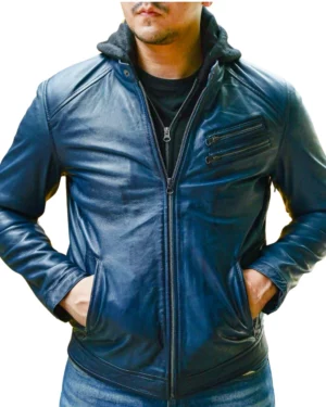 Derrick Vintage Blue Hooded Leather Bomber Jacket
