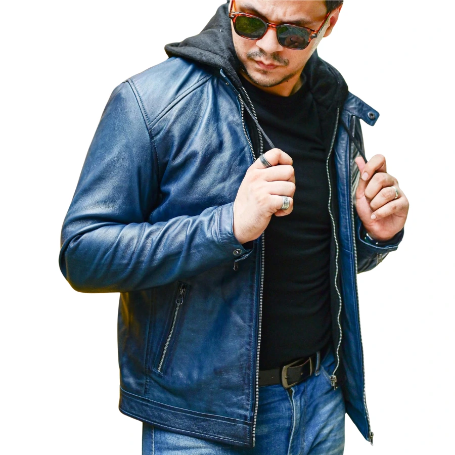 Derrick Vintage Blue Hooded Leather Bomber Jacket