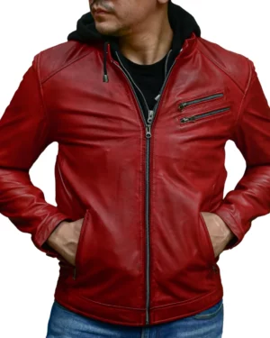 Derrick Vintage Red Hooded Leather Bomber Jacket