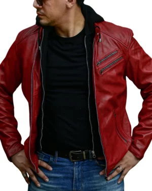 Derrick Vintage Red Hooded Leather Bomber Jacket