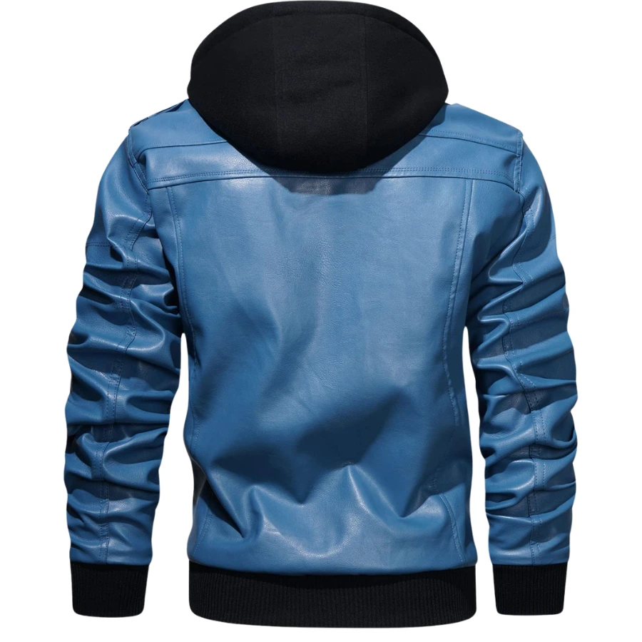 Raptor Blue Hooded Leather Bomber Jacket