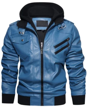 Raptor Blue Hooded Leather Bomber Jacket