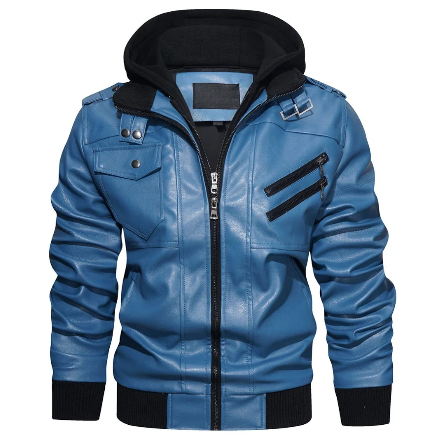 Raptor Blue Hooded Leather Bomber Jacket