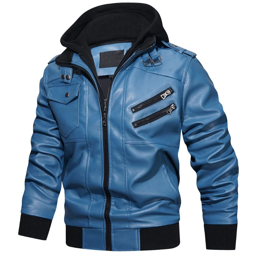 Raptor Blue Hooded Leather Bomber Jacket