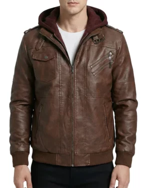Raptor Brown Hooded Leather Bomber Jacket